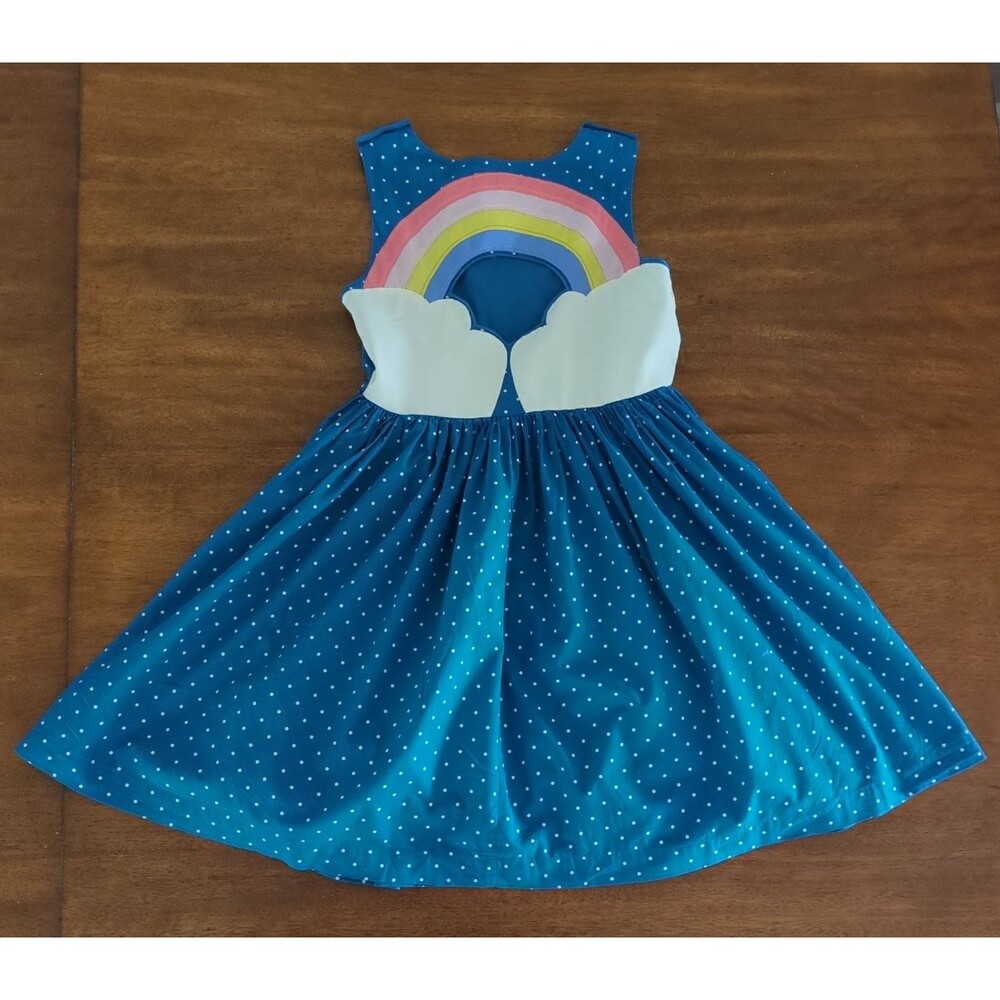 Mini Boden Girls Dot Print Embellished Cutout Cotton Dress In Blue Rainbow 9/10